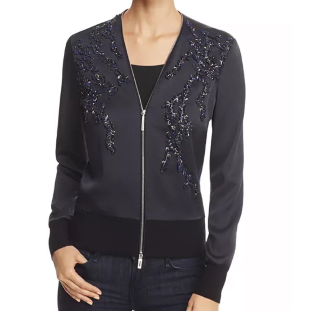 ELIE TAHARI PREEYA EMBELLISHED MIXED-MEDIA JACKET IN NAVY SIZE SMALL NWT